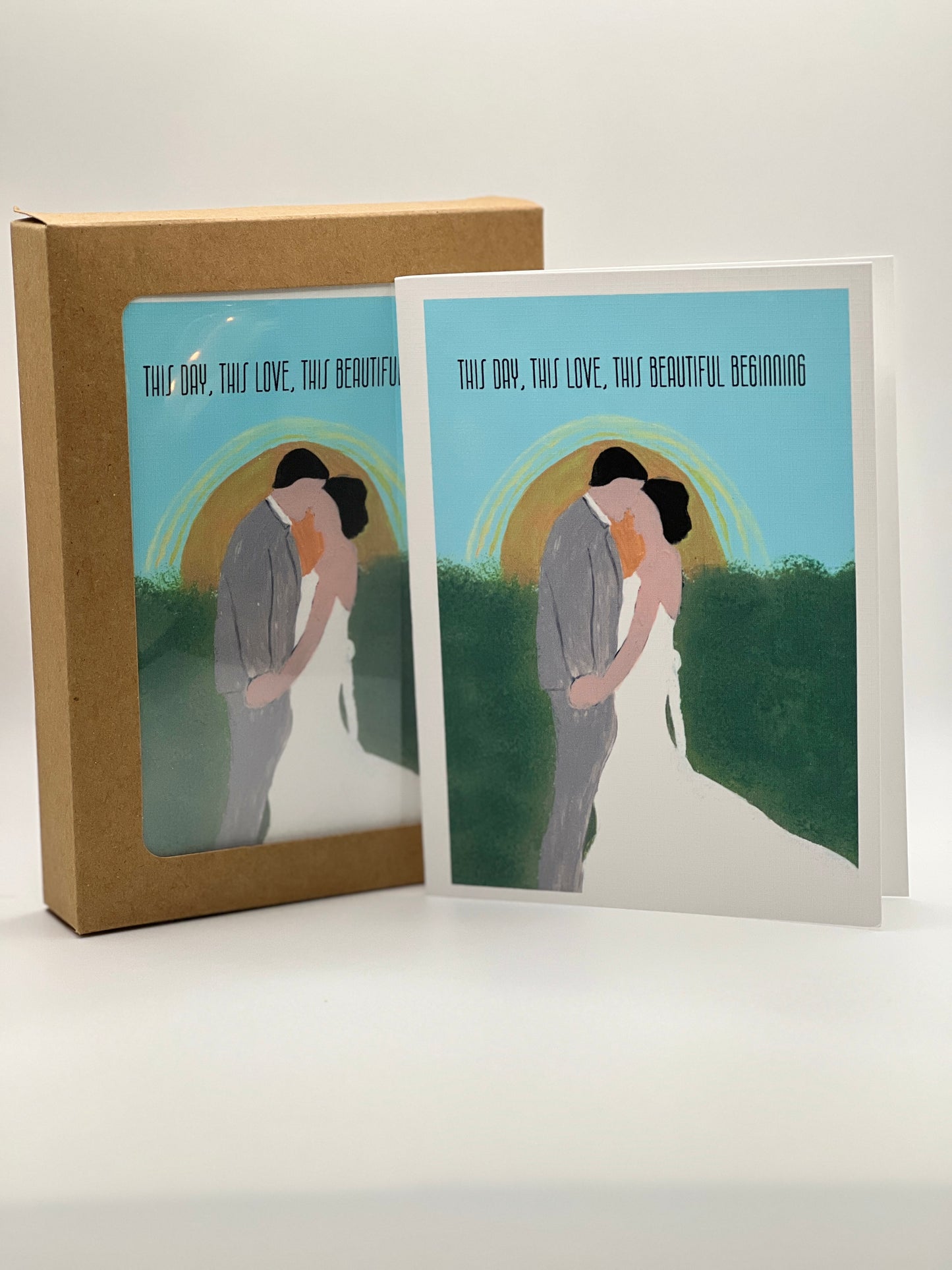 Hand-Painted Wedding Card | Bride and Groom with Sunrise | Linen Cardstock with Blessing or Custom Message Option