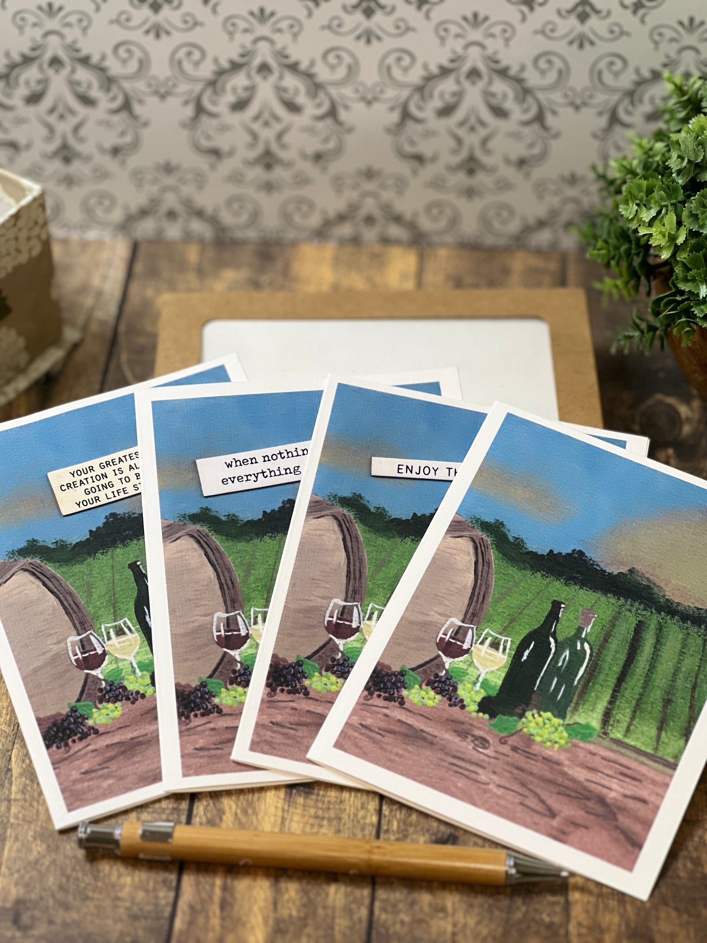 Wine Country Notecard & Magnet Gift Set | 8 Vineyard Art Cards with Envelopes + 4 Jumbo Wine Magnets | Stationery Gift for Wine Lovers