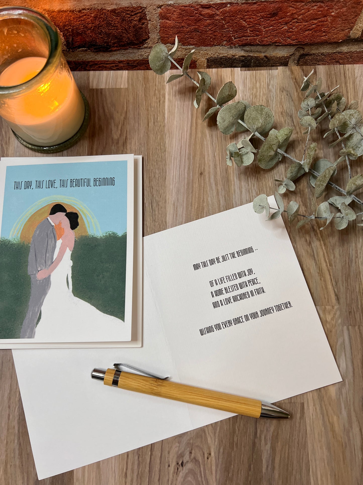 Hand-Painted Wedding Card | Bride and Groom with Sunrise | Linen Cardstock with Blessing or Custom Message Option
