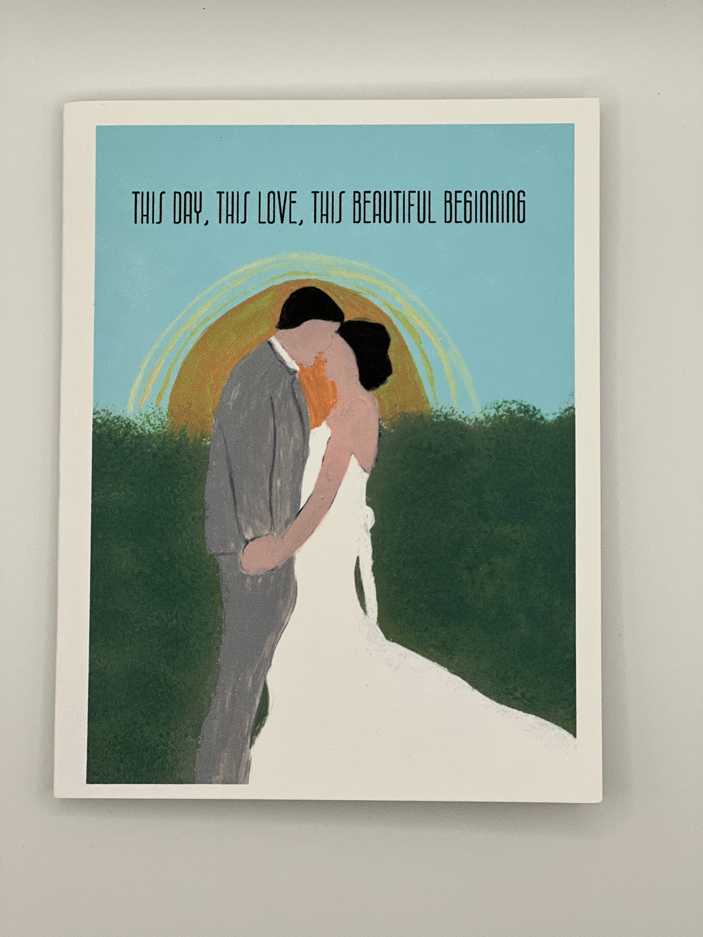 Hand-Painted Wedding Card | Bride and Groom with Sunrise | Linen Cardstock with Blessing or Custom Message Option