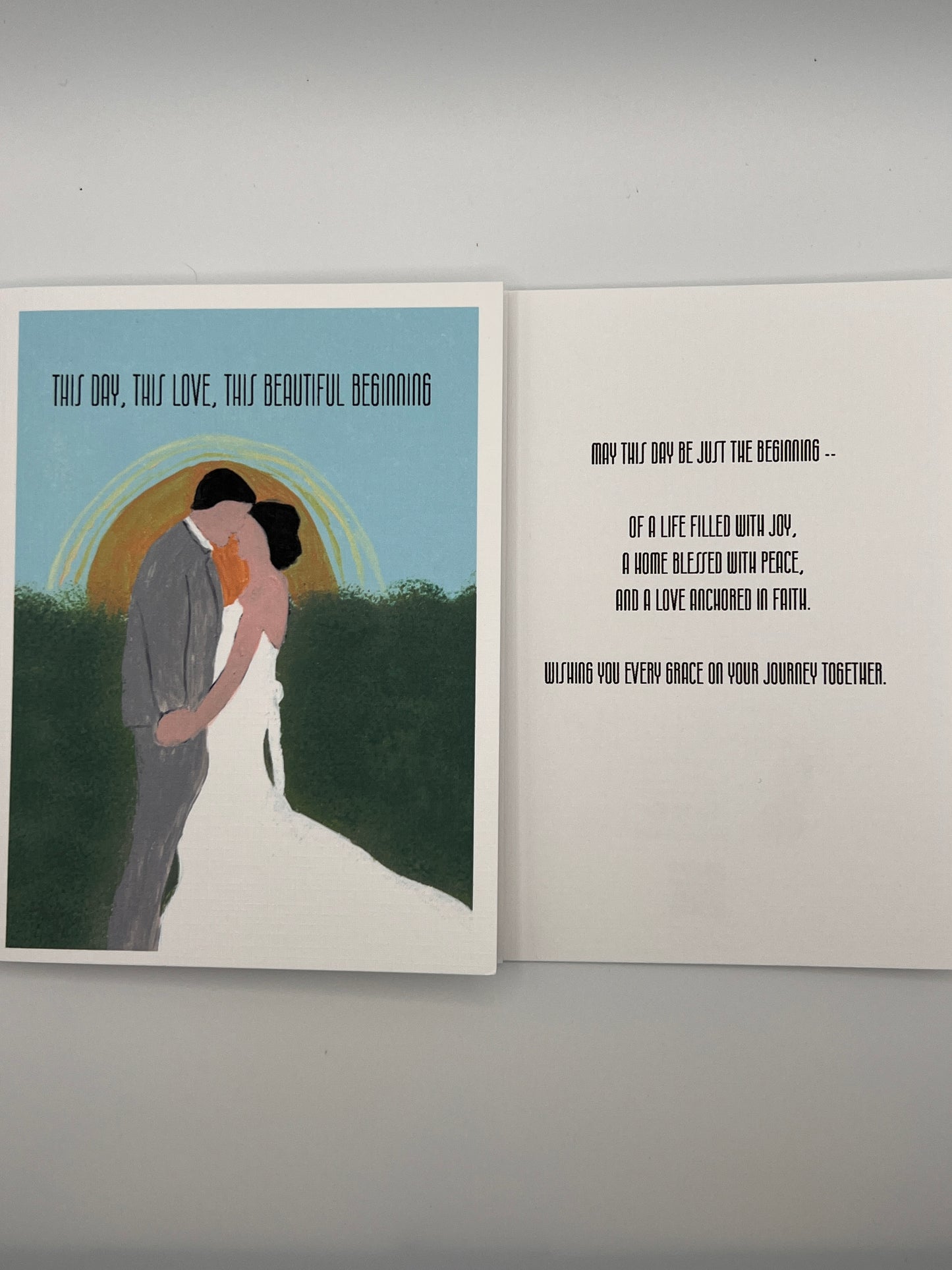 Hand-Painted Wedding Card | Bride and Groom with Sunrise | Linen Cardstock with Blessing or Custom Message Option