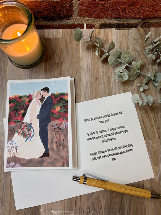 Wedding Greeting Card | Hand-Painted Bride & Groom | Autumn Floral Blessing