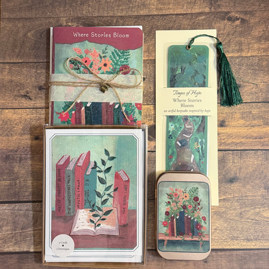 Bookmark | Where Stories Bloom Book Path | Laminated Art Bookmark with Tassel