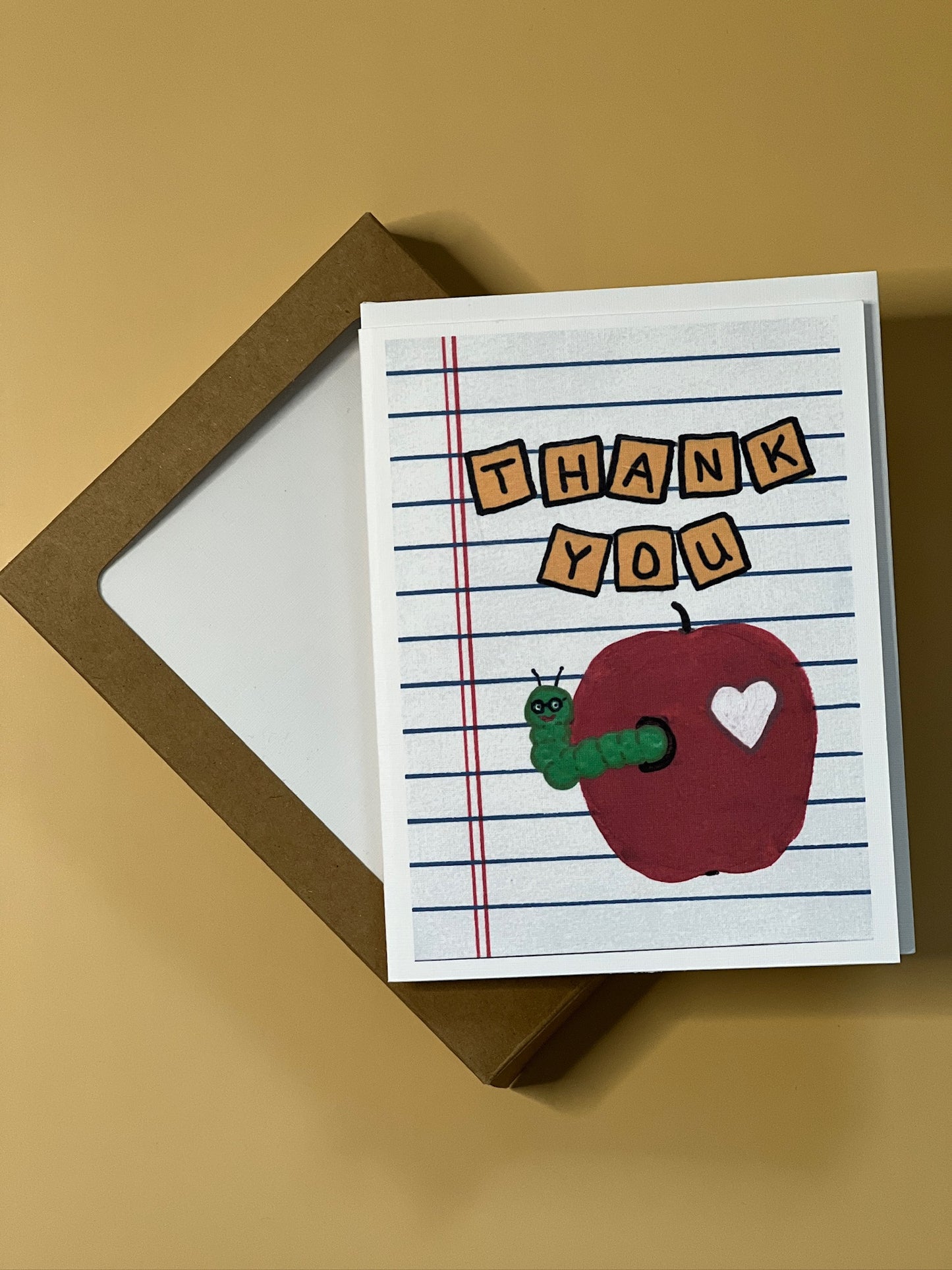 Teacher Thank You Card | Apple & Worm | Hand-Painted Appreciation Art