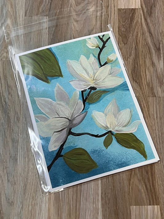 Magnolia Art Print: White Floral on Blue, Southern Home Decor