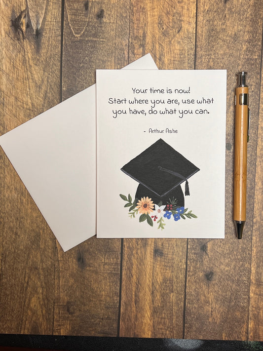 Graduation Greeting Card | Floral Cap | Arthur Ashe Quote