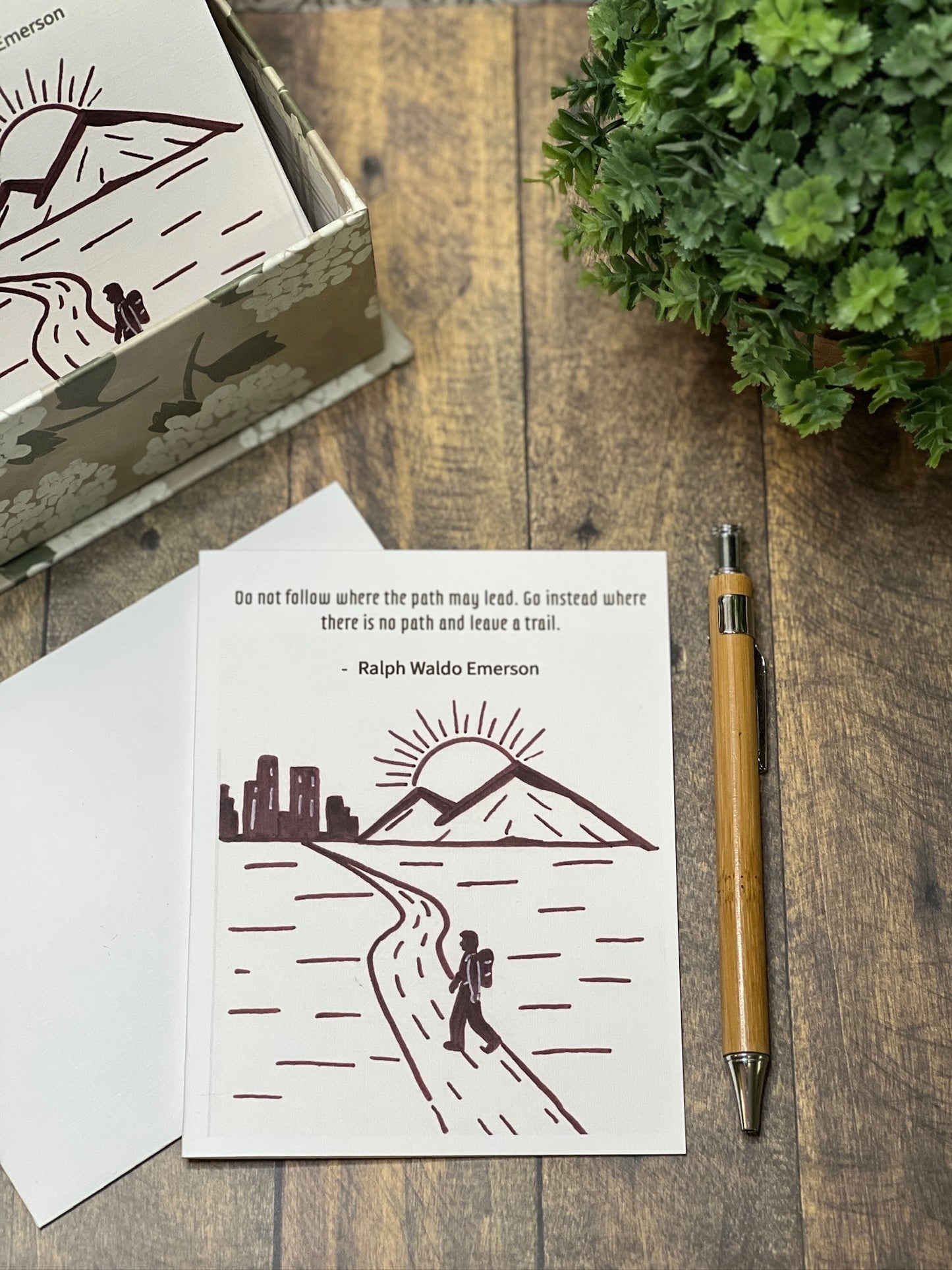 Inspirational Trailblazer Quote Card – Ralph Waldo Emerson Mountain Path Art, Graduation or Retirement Card, Single or Box Set of 8 with Envelopes