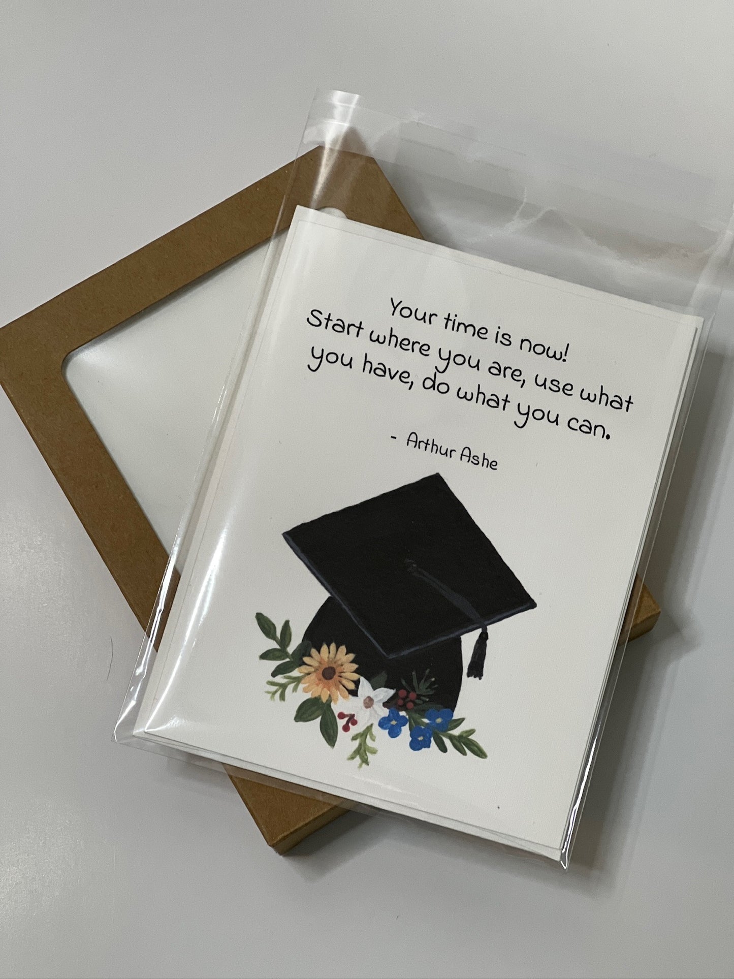 Floral Graduation Card – Arthur Ashe Quote with Graduation Cap & Flowers, Inspirational Grad Card, Individual or Box Set of 8