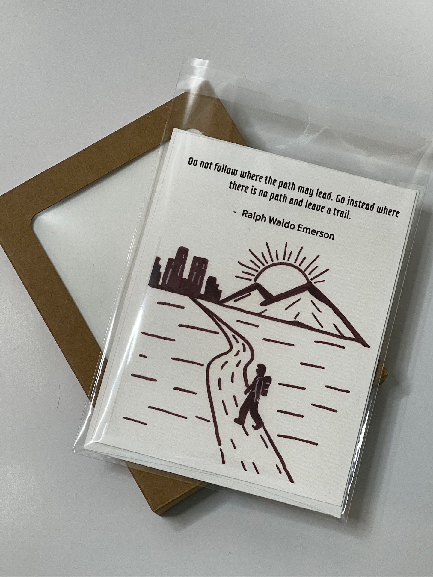 Inspirational Trailblazer Quote Card – Ralph Waldo Emerson Mountain Path Art, Graduation or Retirement Card, Single or Box Set of 8 with Envelopes