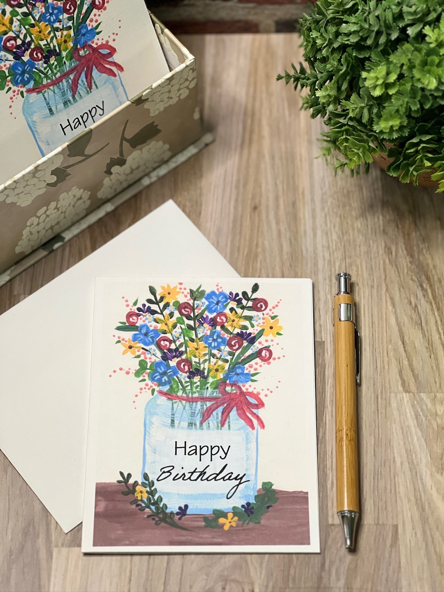 Happy Birthday Bouquet Notecard – Hand-Painted Mason Jar Flowers