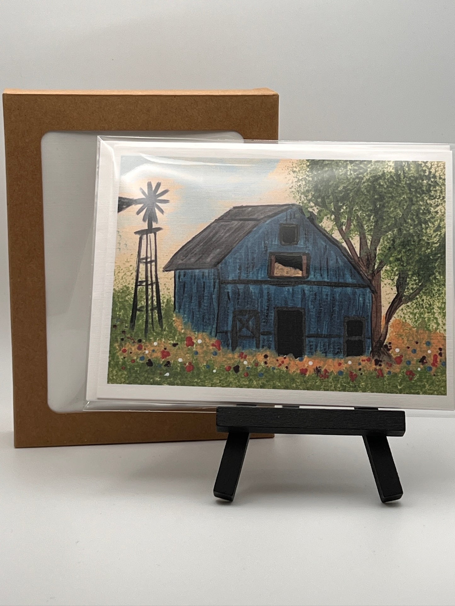 Old Blue Barn Notecard – Rustic Hand-Painted Country Card