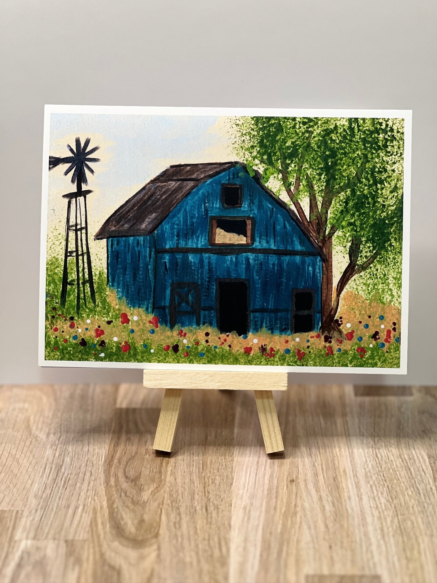 Blue Barn Art Print Set – Rustic Farmhouse Wall Decor, Vintage Windmill