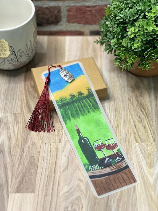 Hand-Painted Vineyard Bookmark: Wine Lover Gift with Silver Charm