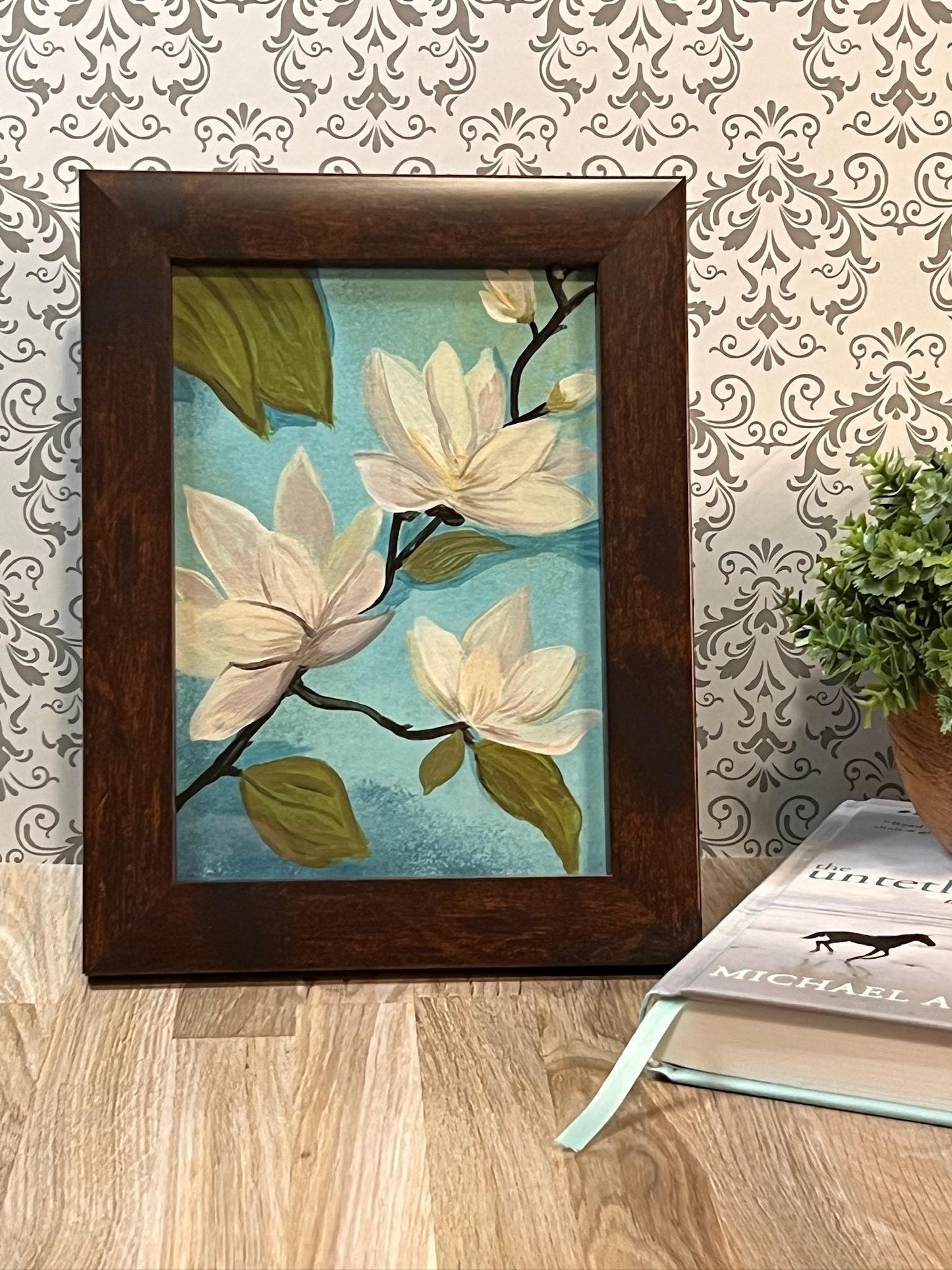 Magnolia Art Print: White Floral on Blue, Southern Home Decor