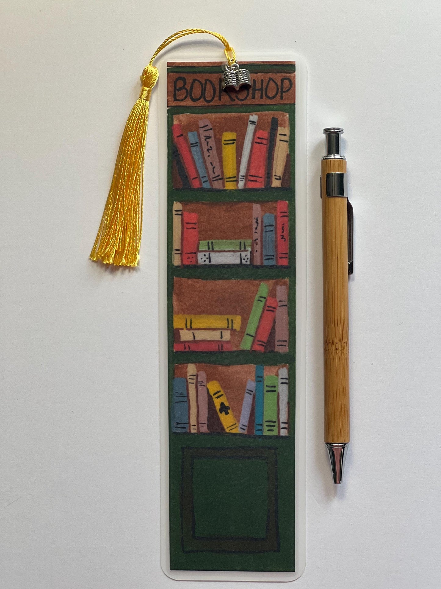Bookshop Bookmark: Hand-Painted Bookshelf, Tassel & Silver Charm