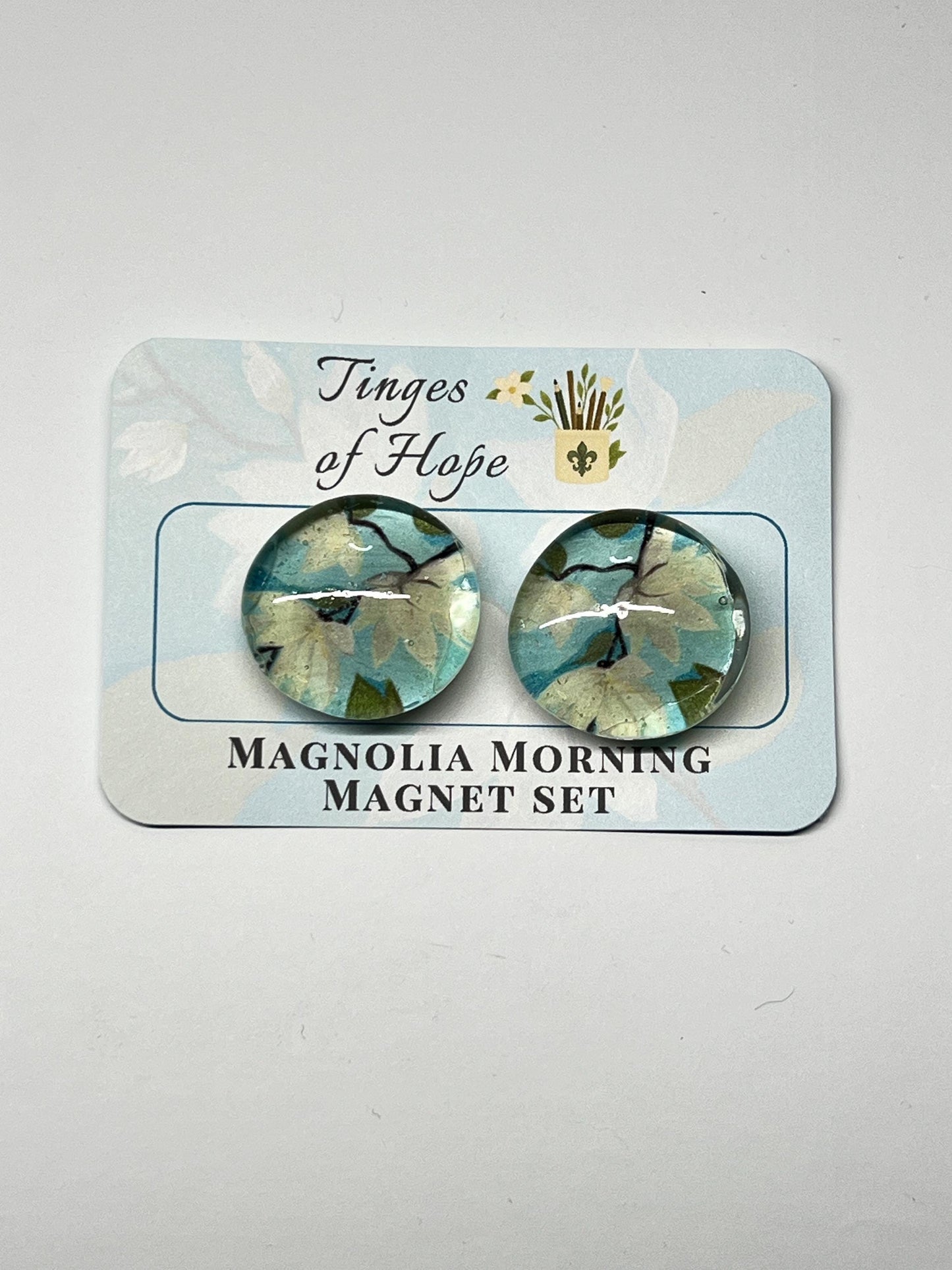 Magnolia Morning Magnet Set – Round Glass Floral Art for Fridge & Office