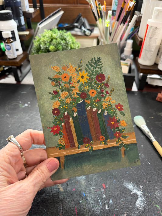 The Library That Grew Wild notecard series featuring botanical books and forest imagery