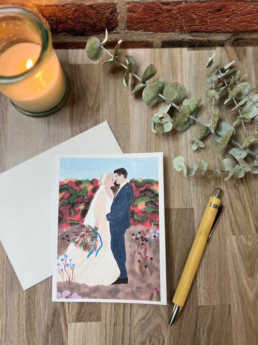 Hand-Painted Wedding Card on Linen Cardstock | Romantic Bride & Groom | Custom Message Option