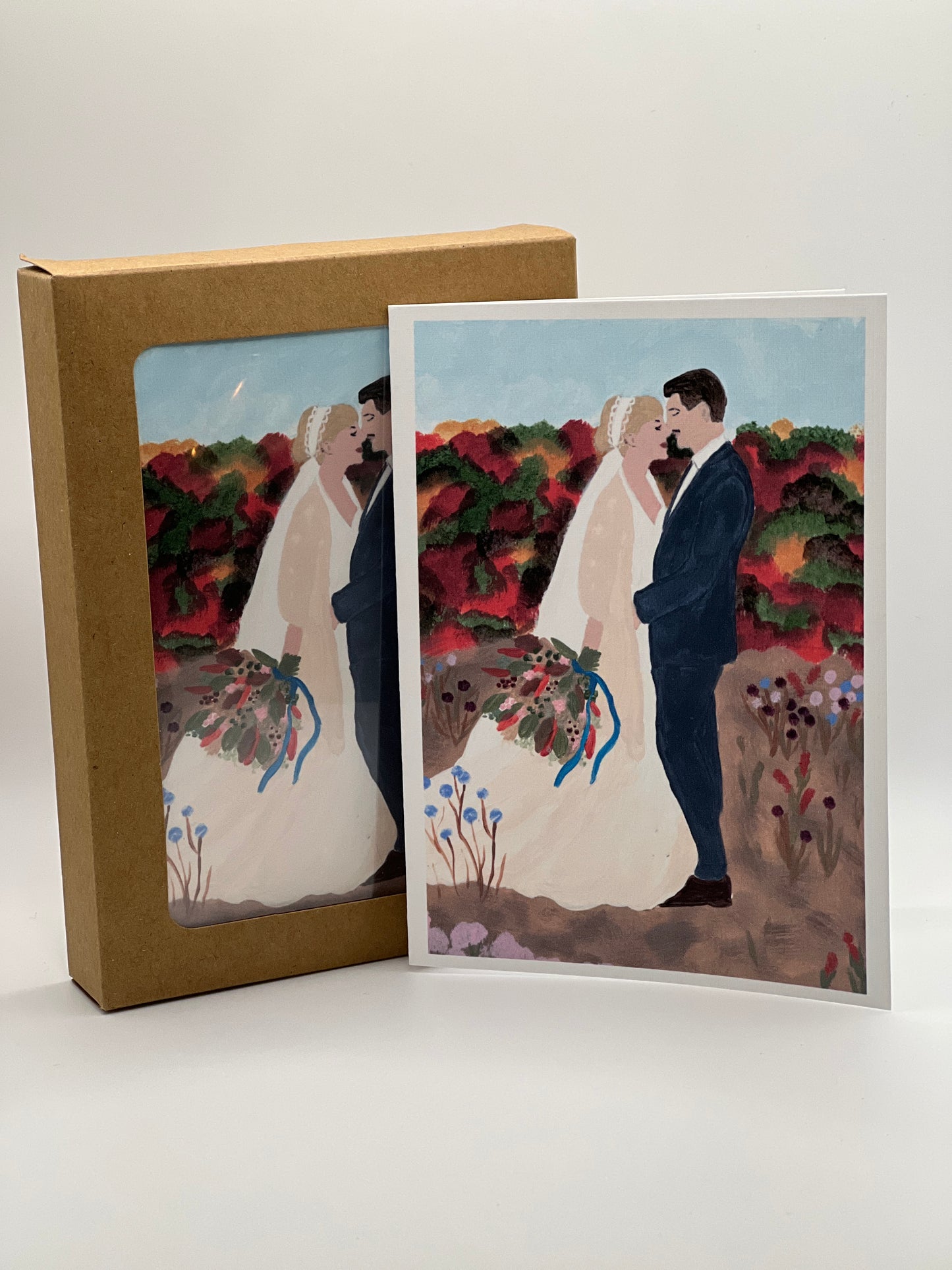 Hand-Painted Wedding Card on Linen Cardstock | Romantic Bride & Groom | Custom Message Option
