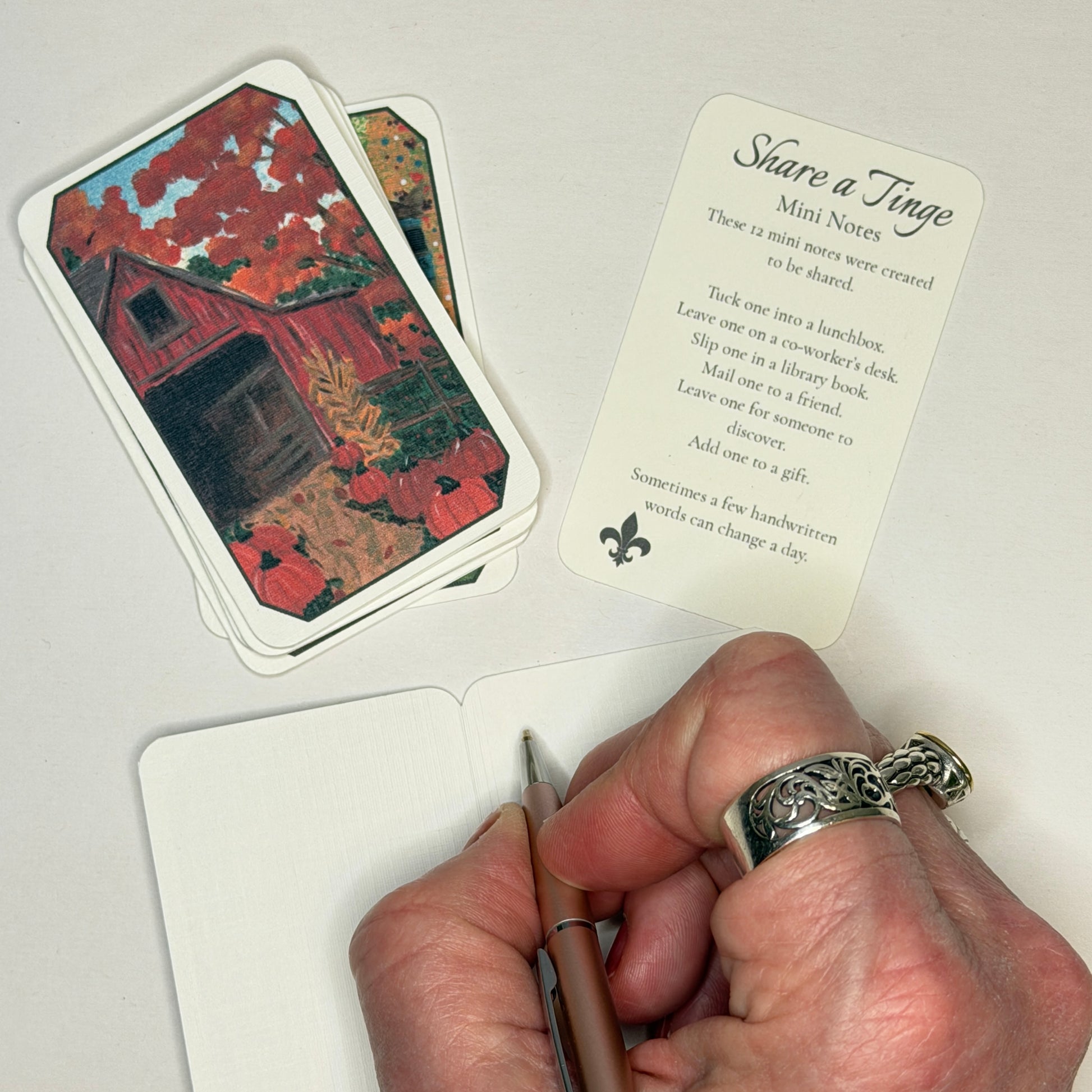 A set of illustrated mini notes cards and a card titled 'Share a Tinge Mini Notes' are arranged on a white surface next to a hand holding a pen and notebook, suggesting a writing or journaling activity.