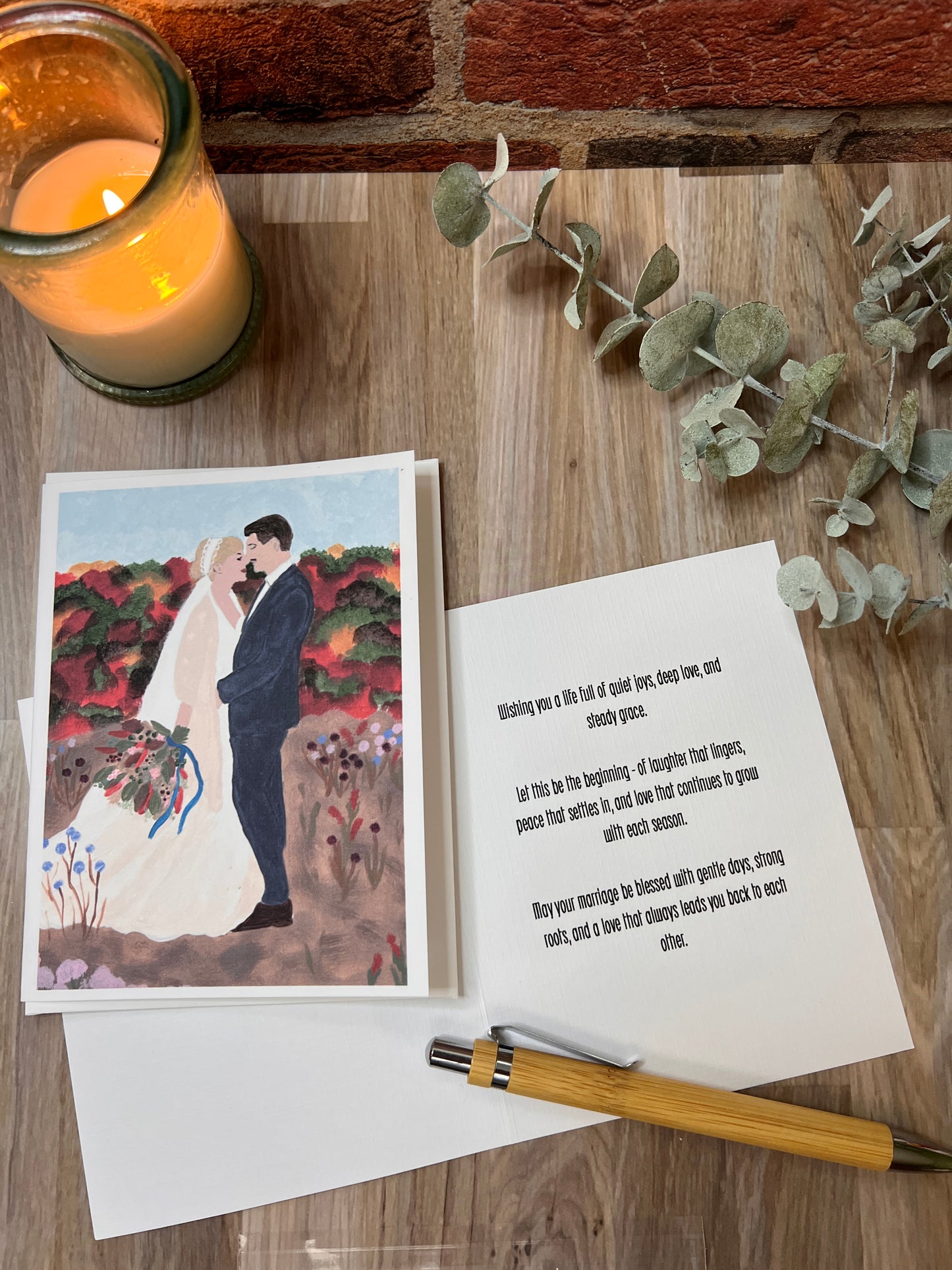 Hand-Painted Wedding Card on Linen Cardstock | Romantic Bride & Groom | Custom Message Option