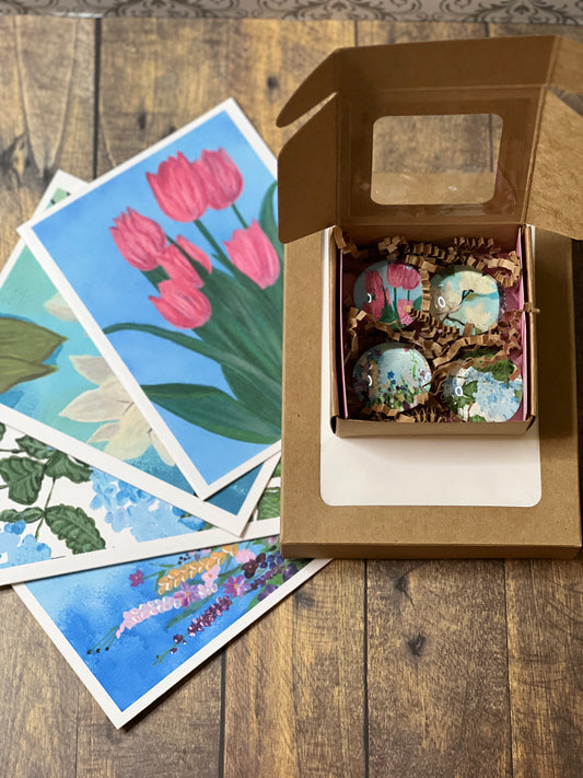 Mother’s Day Gift Set | Floral Notecards Set of 8 & Matching Magnets | Handmade Stationery & Gift for Mom | Garden-Inspired Gift