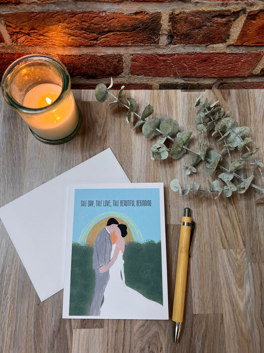 Hand-Painted Wedding Card | Bride and Groom with Sunrise | Linen Cardstock with Blessing or Custom Message Option