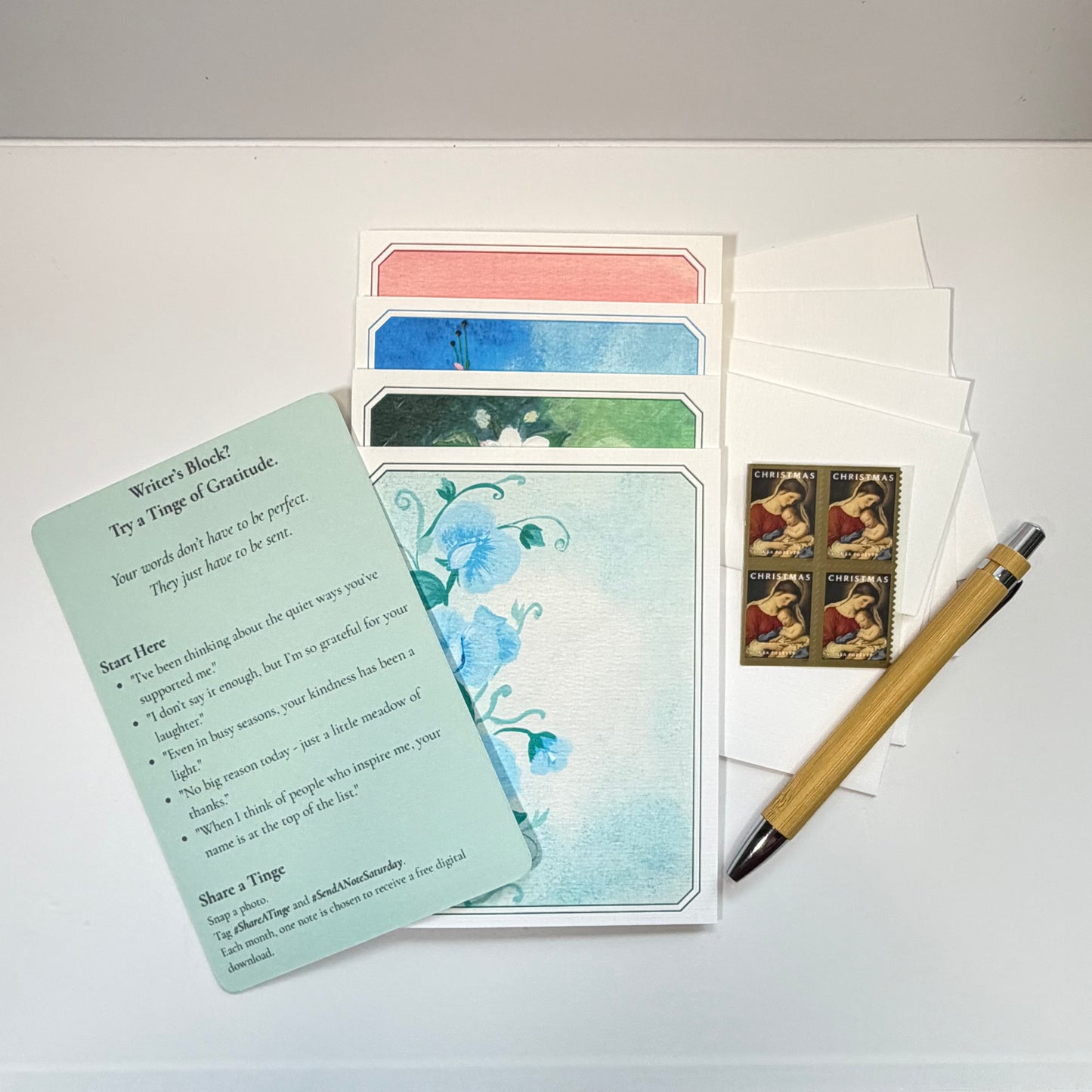 Notecard Kit | March First Bloom Gratitude | 4 Floral Cards, Pen & Stamps