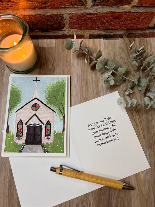 Faith-Based Wedding Card | Hand-Painted Church Illustration | Linen Cardstock with Custom Blessing Option