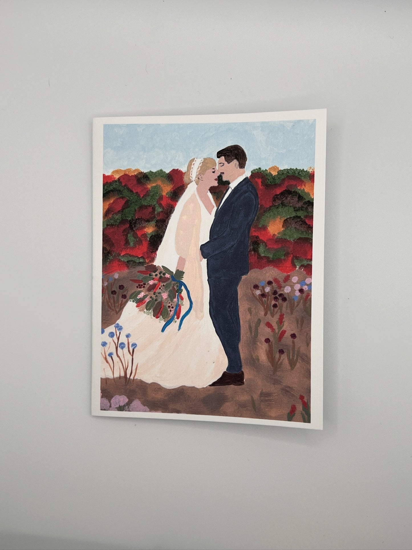 Wedding Greeting Card | Hand-Painted Bride & Groom | Autumn Floral Blessing