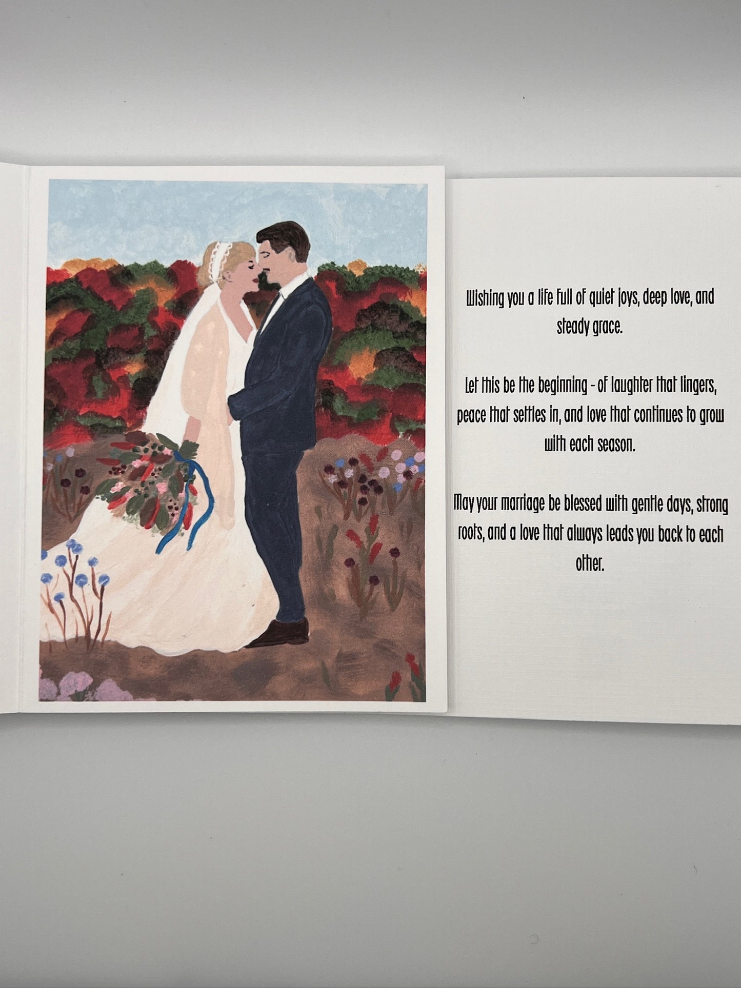Wedding Greeting Card | Hand-Painted Bride & Groom | Autumn Floral Blessing
