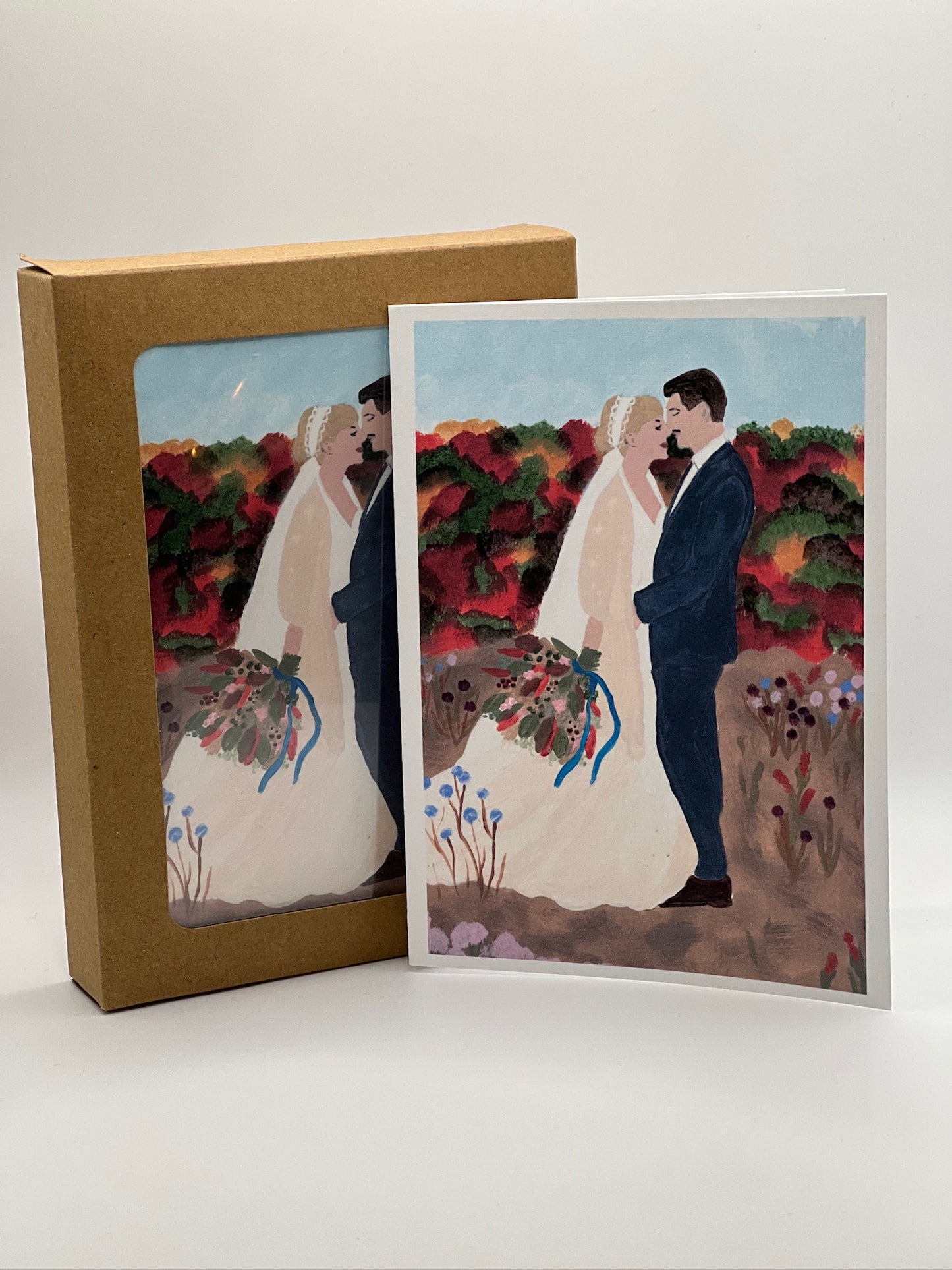Wedding Greeting Card | Hand-Painted Bride & Groom | Autumn Floral Blessing