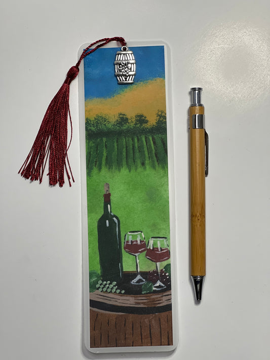 Hand-Painted Vineyard Bookmark: Wine Lover Gift with Silver Charm