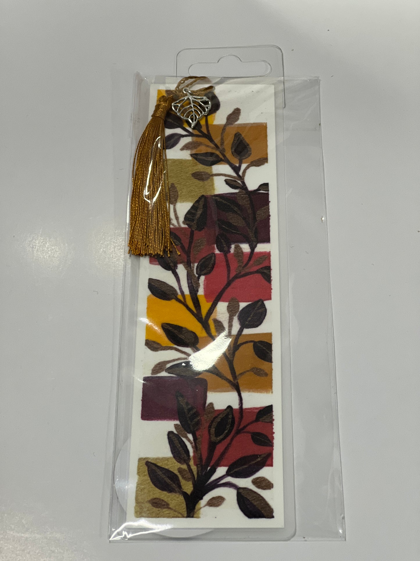 Laminated Bookmark | Burgundy Leaves | Fall Foliage Art with Gold & Red