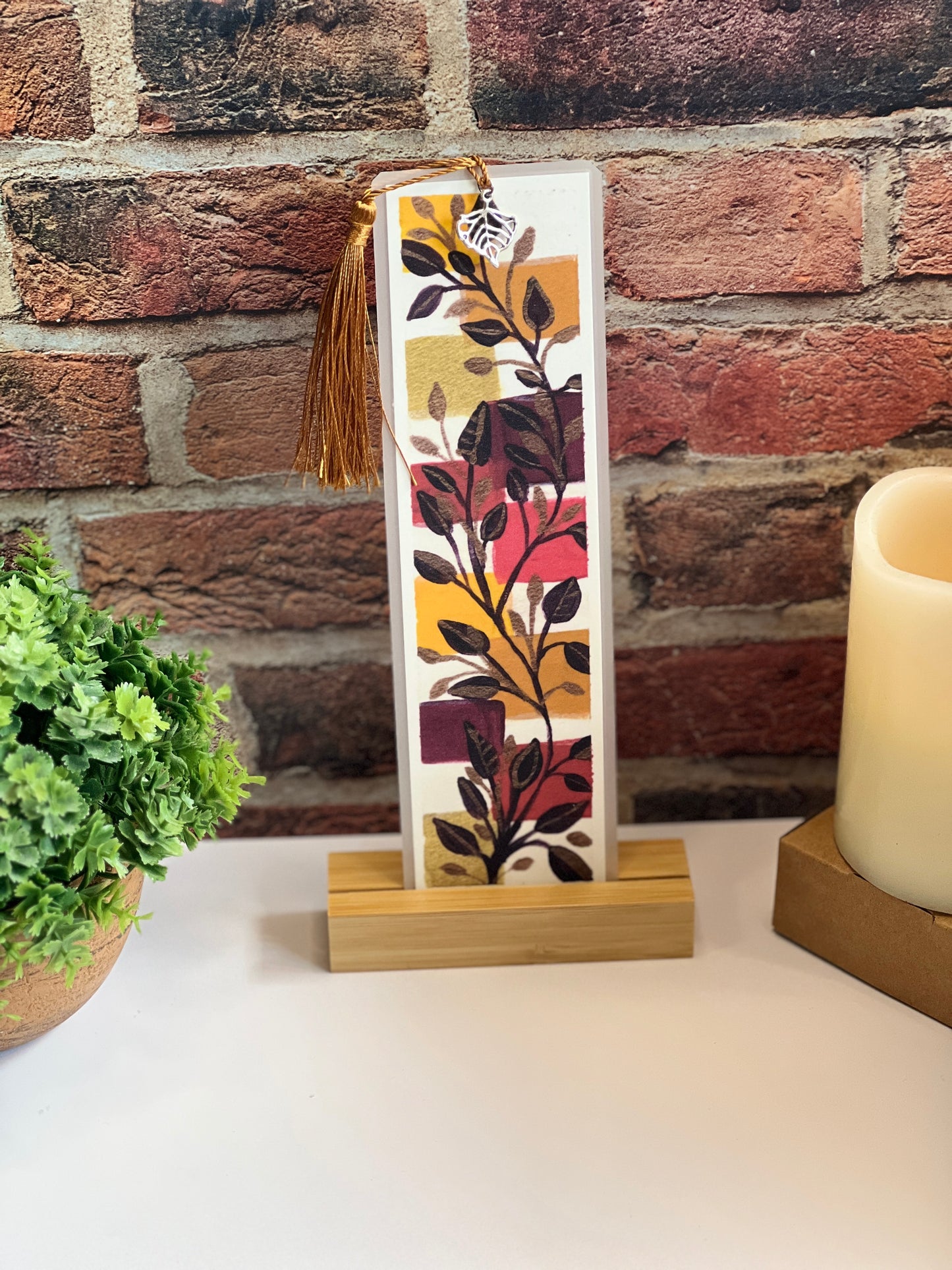 Laminated Bookmark | Burgundy Leaves | Fall Foliage Art with Gold & Red