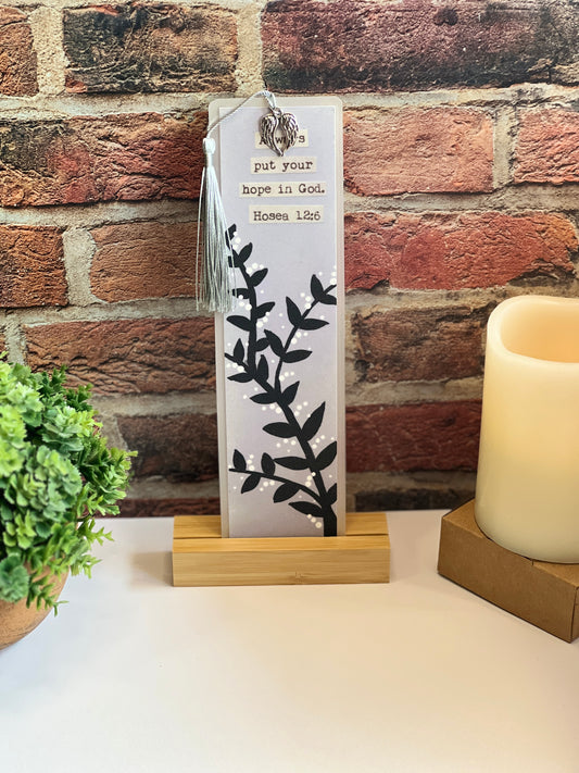 Hand-Painted Scripture Bookmark – Hosea 12:6, Angel Wing Charm