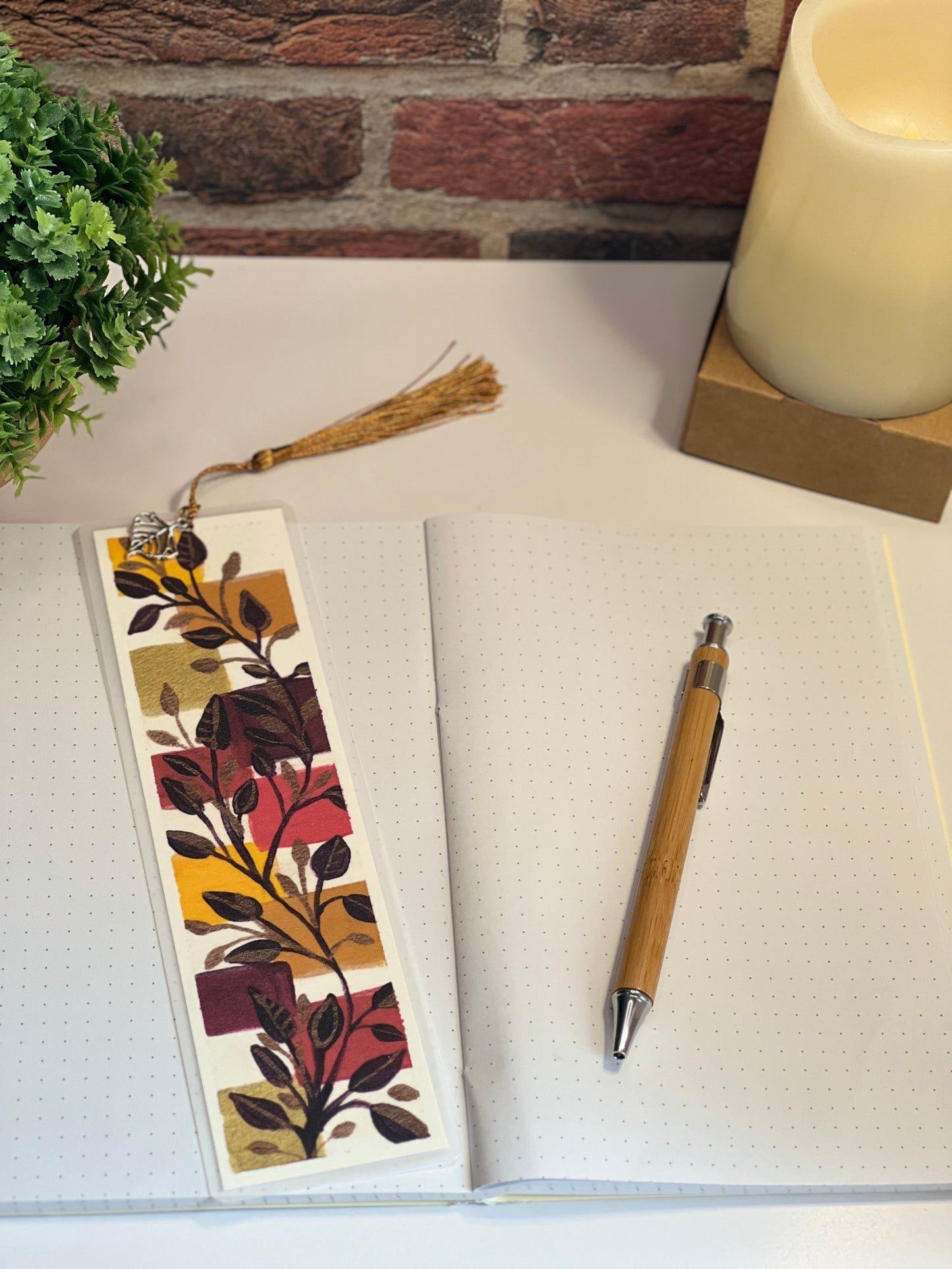 Laminated Bookmark | Burgundy Leaves | Fall Foliage Art with Gold & Red