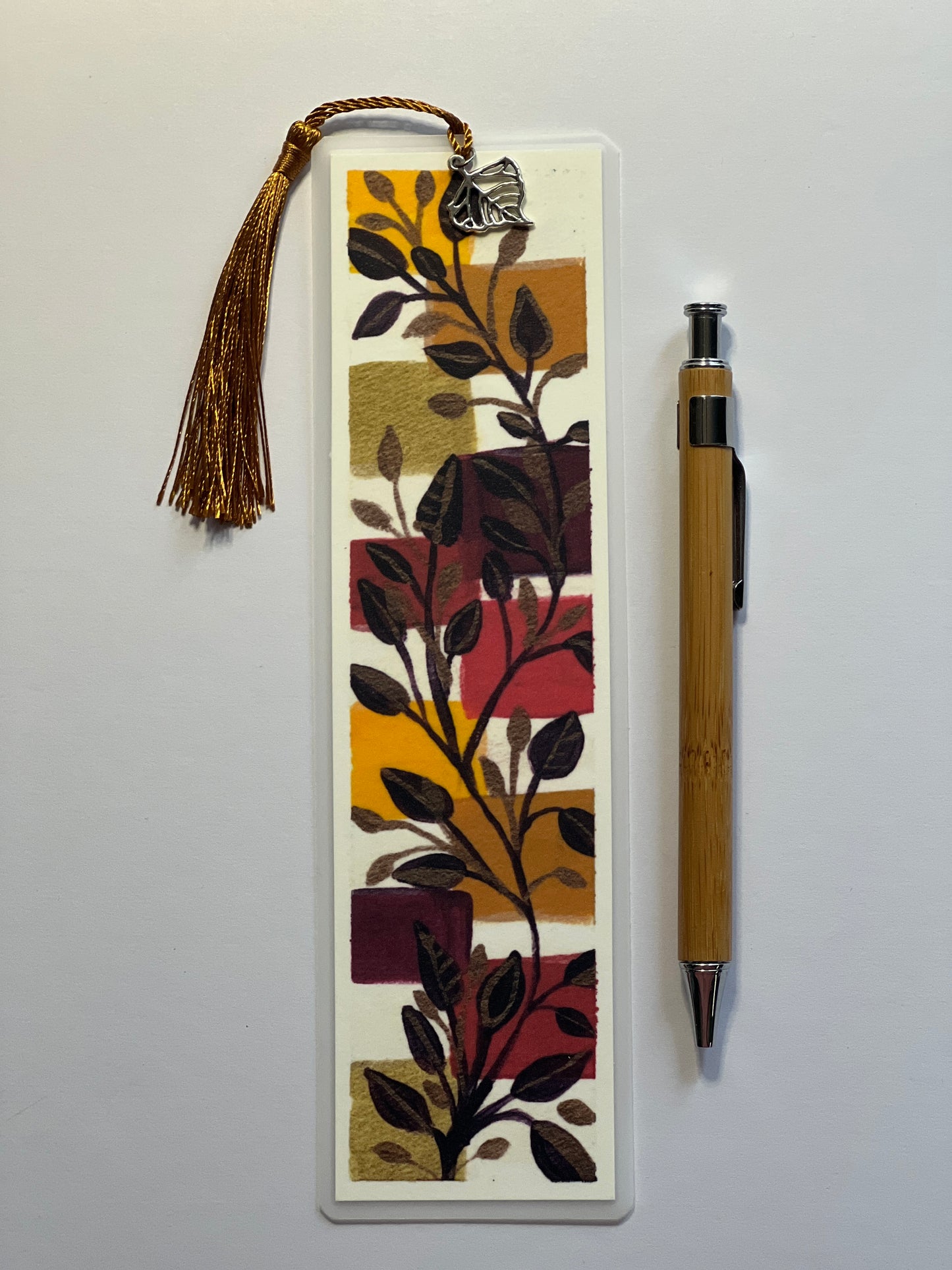 Laminated Bookmark | Burgundy Leaves | Fall Foliage Art with Gold & Red