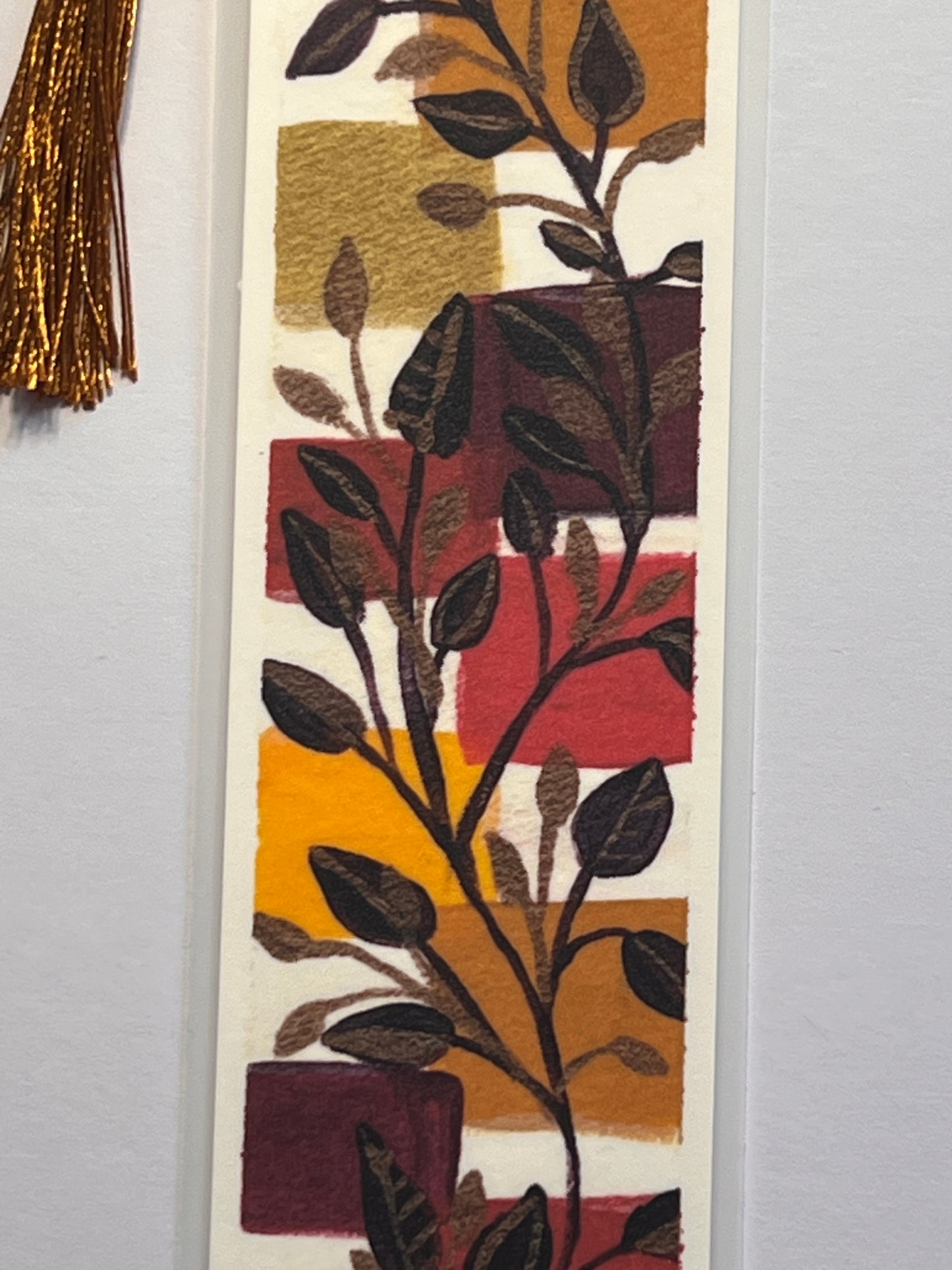 Laminated Bookmark | Burgundy Leaves | Fall Foliage Art with Gold & Red