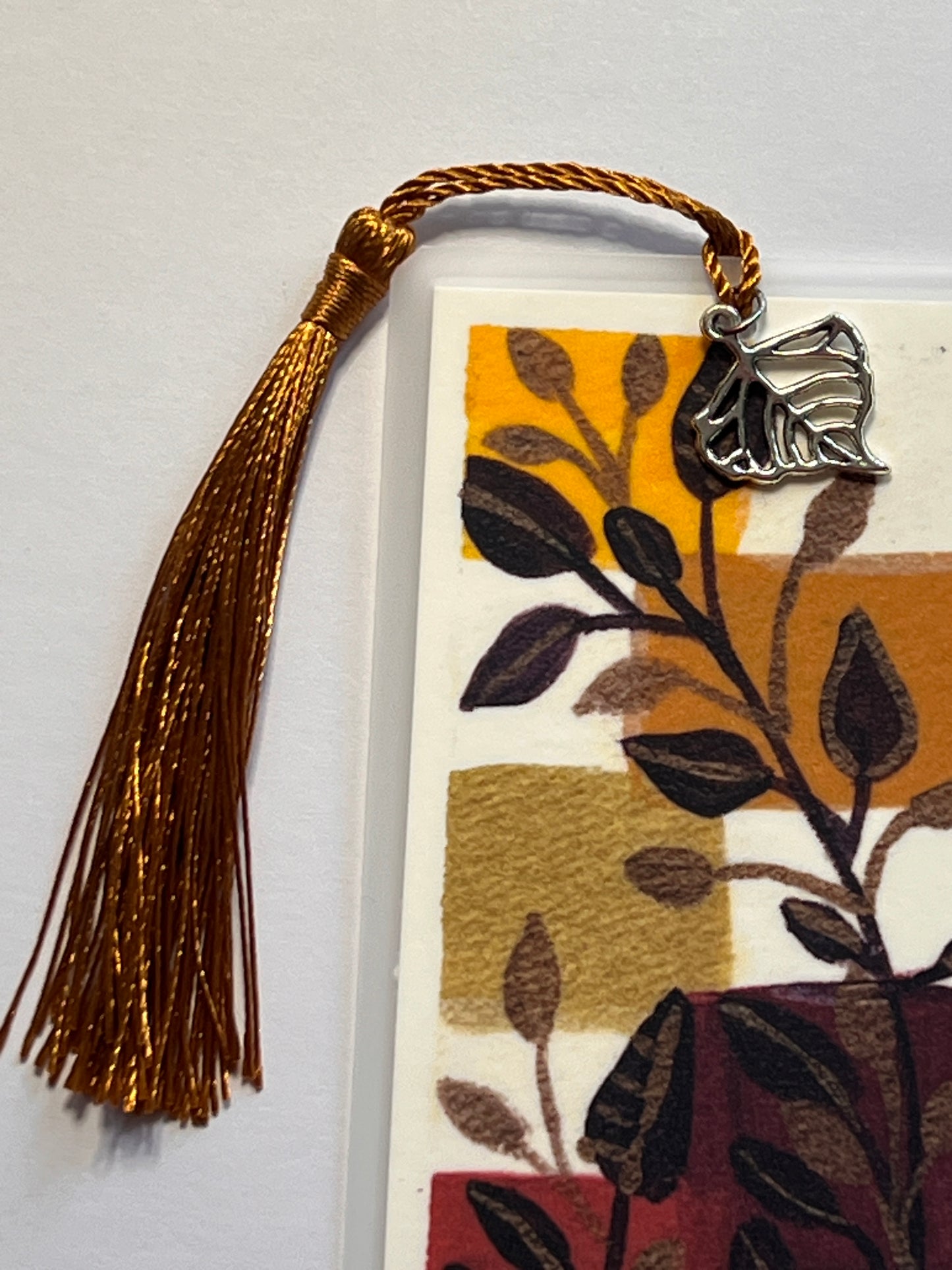 Laminated Bookmark | Burgundy Leaves | Fall Foliage Art with Gold & Red