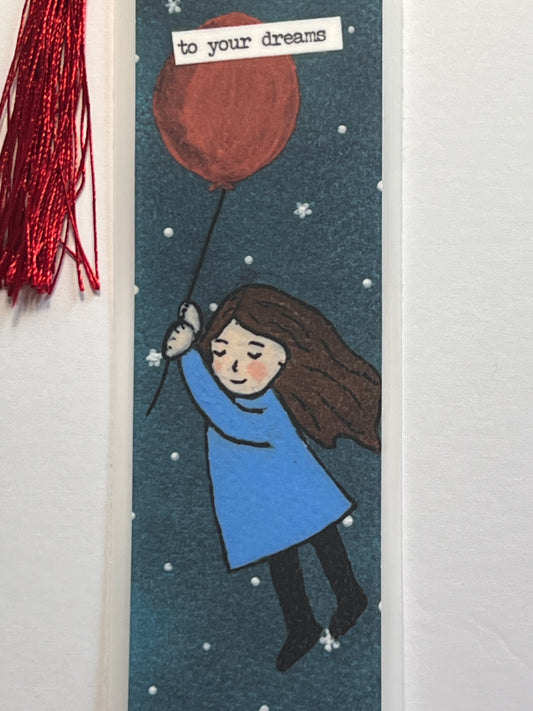 Inspirational Bookmark: Hand-Painted Girl with Balloon, Silver Charm, Tassel