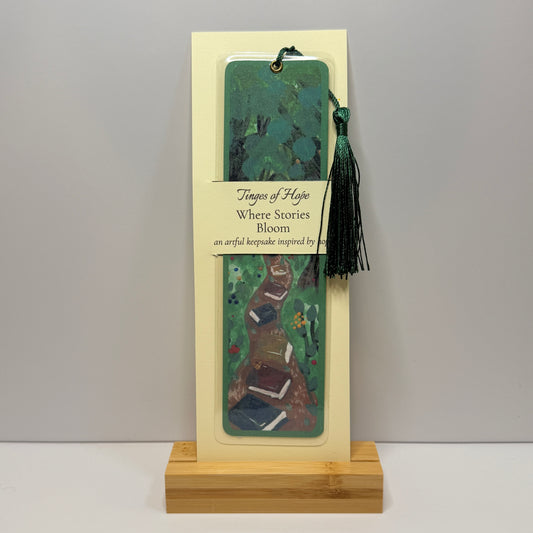 Bookmark | Where Stories Bloom Book Path | Laminated Art Bookmark with Tassel
