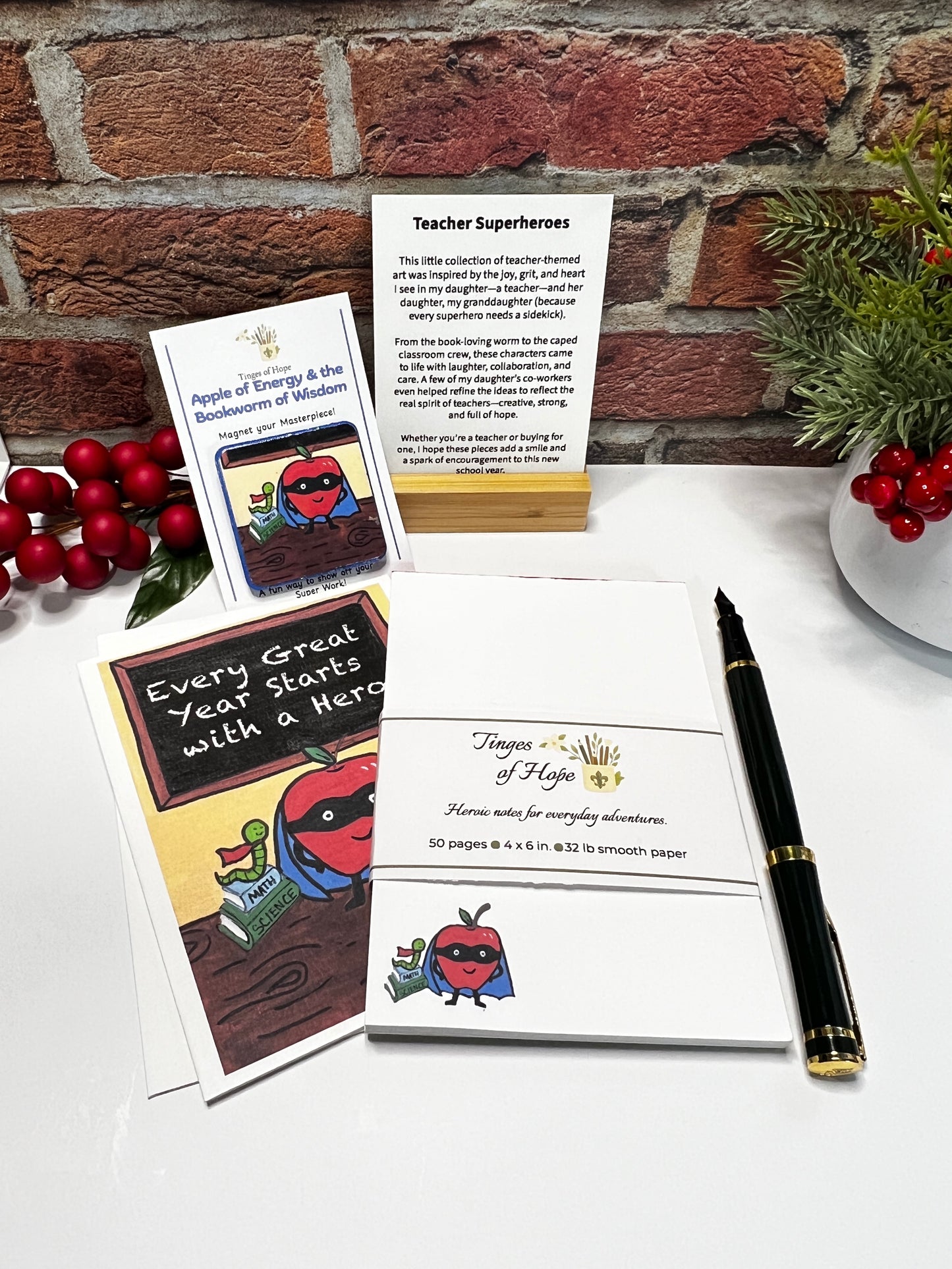 Apple and Bookworm Notepad • 4x6 Teacher & Book Lover Stationery | Classroom Gift with Pen