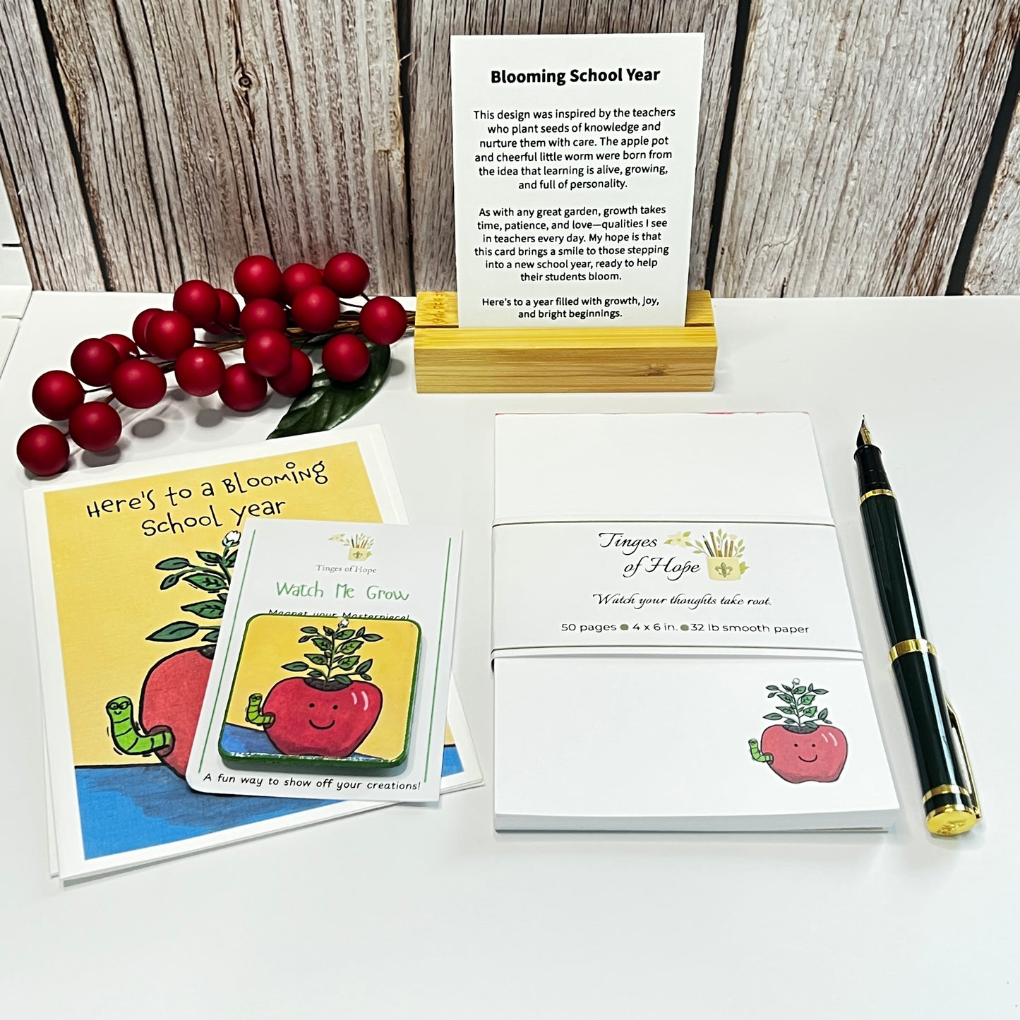 Watch Me Grow Notepad | 4x6 Botanical Teacher Stationery Pad with Bamboo Pen | Encouragement Gift