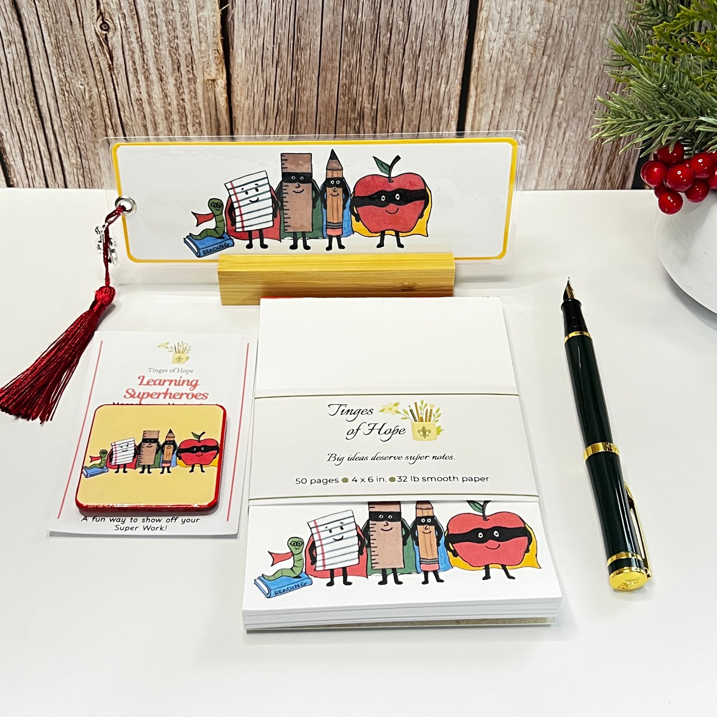 Learning Superheroes Notepad | 4x6 Teacher Stationery Pad with Bamboo Pen | Classroom Gift