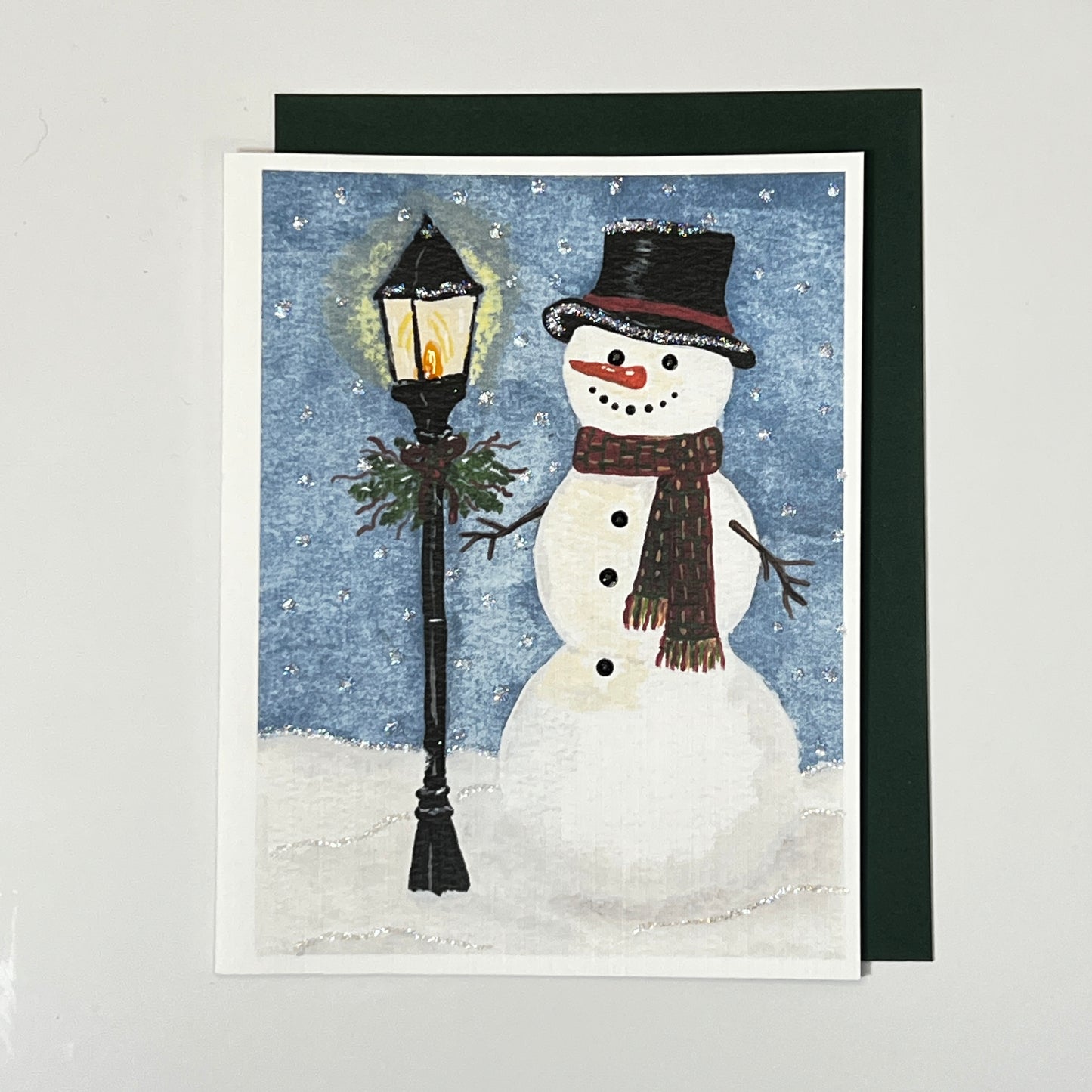 Glitter Snowman Christmas Cards | Hand Embellished, Green Envelopes (Set of 5)