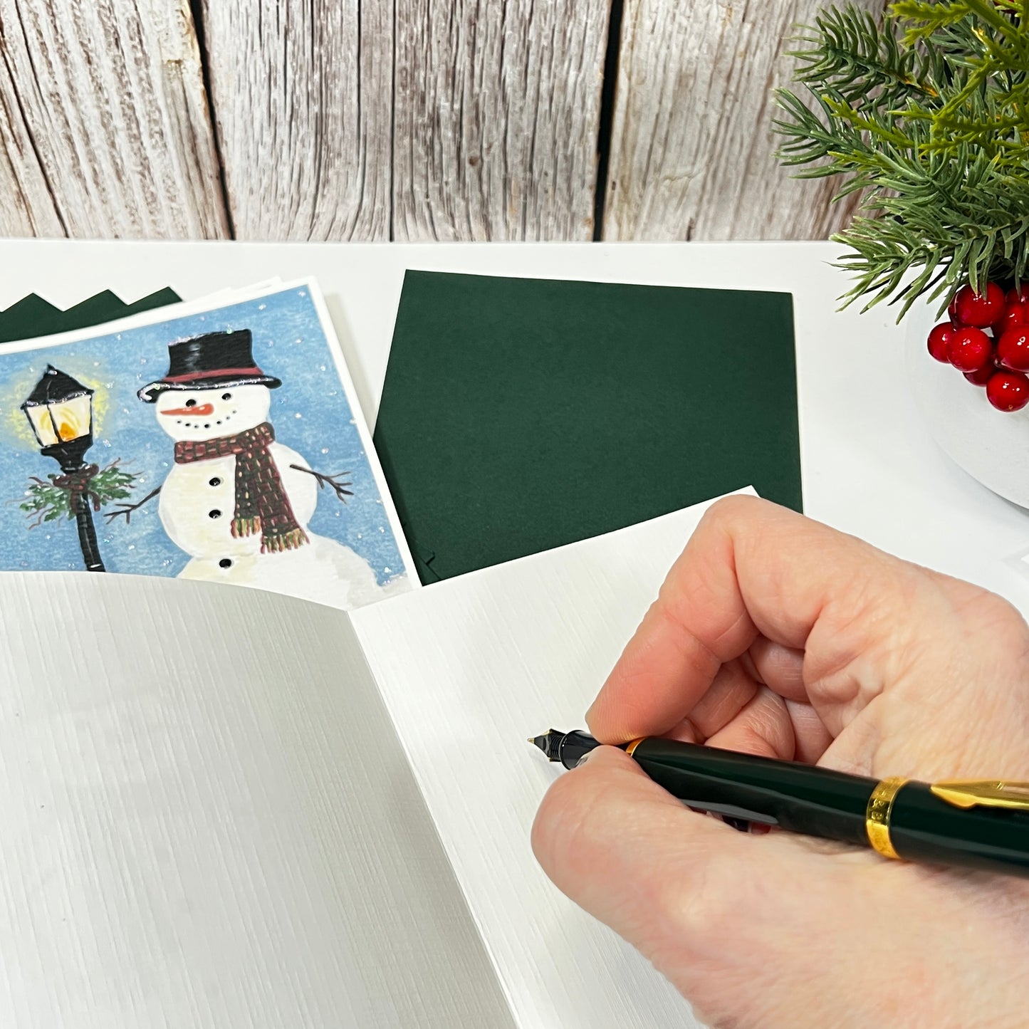 Glitter Snowman Christmas Cards | Hand Embellished, Green Envelopes (Set of 5)