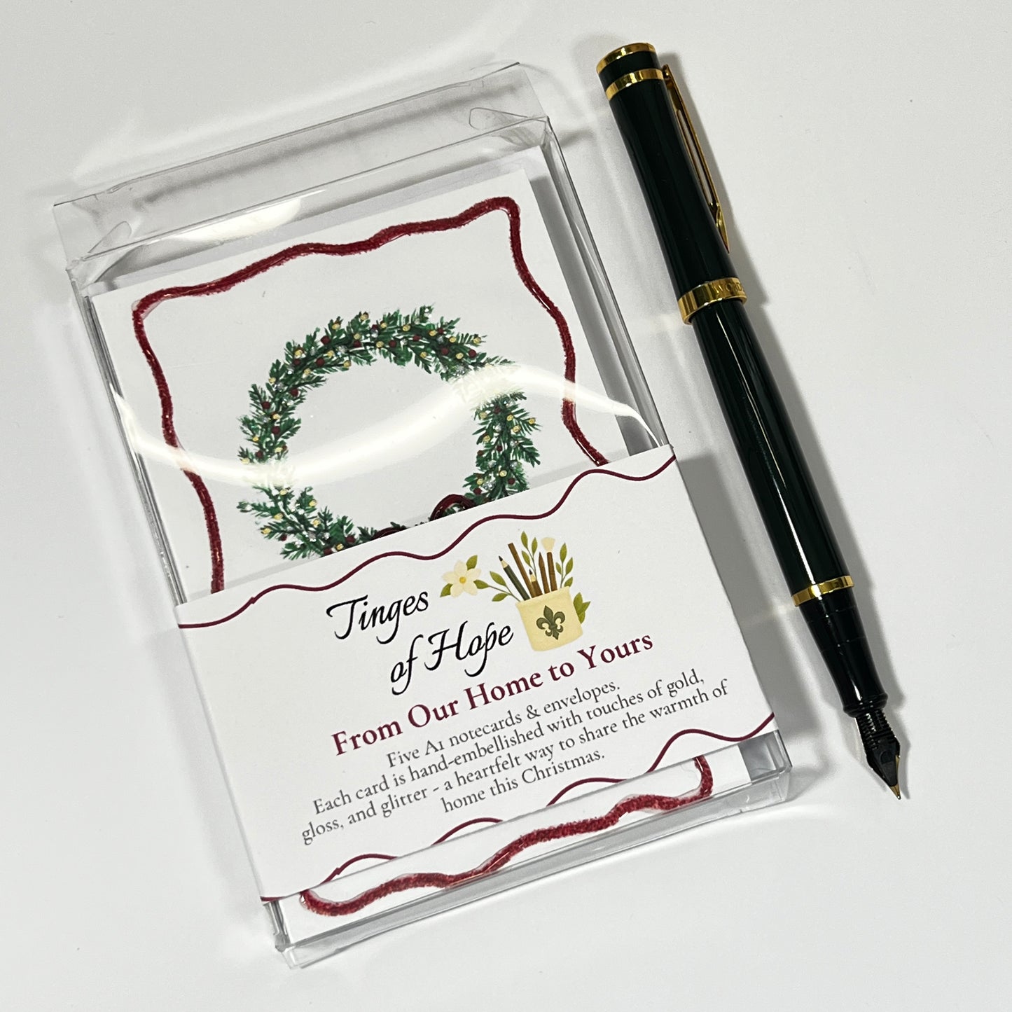 Hand-Embellished Christmas Cards | Glitter Wreath, A1 Notecard Set