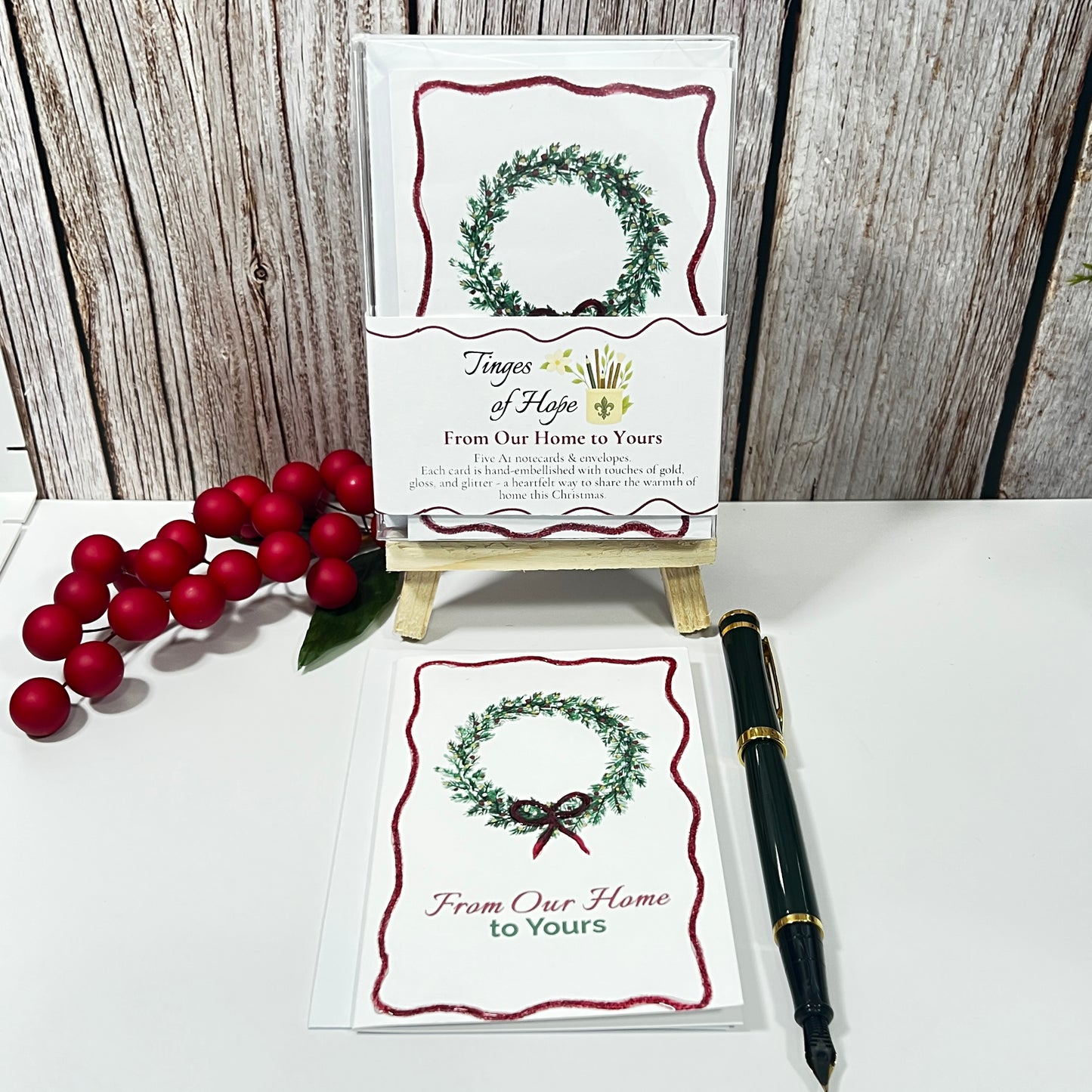 Hand-Embellished Christmas Cards | Glitter Wreath, A1 Notecard Set