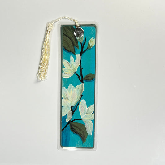 Magnolia Floral Bookmark: Elegant Art with Tassel & Silver Charm